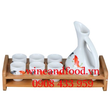 Bộ bình rượu Sake 6 chén khay gỗ Nhật Bản 20